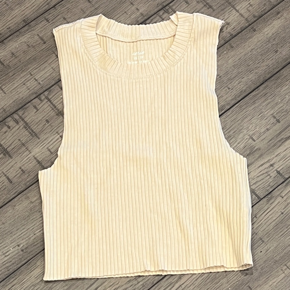 Aerie Rebel Cropped Tank Top High Crew Neck Pullover Beige Cream XS